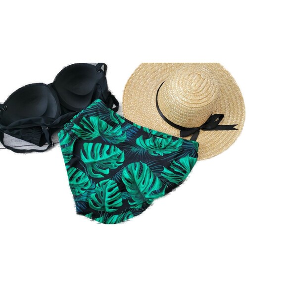 Leaf Print High Waisted Dark Green Bikini Sets Sz L - Picture 2 of 5